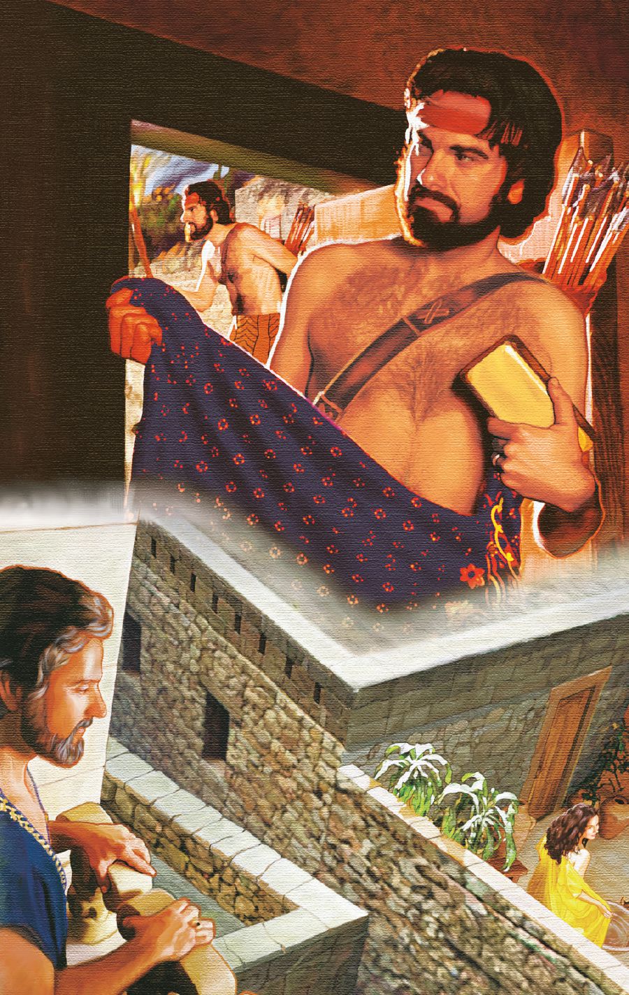 Ákáánì mú ẹ̀wù dáradára kan àti wúrà gbọọrọ kan dání; Dáfídì ń wo Bátíṣébà