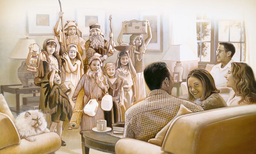 Àwọn ọmọdé lọ́kùnrin àti lóbìnrin ń ṣe eré ìtàn Bíbélì níbi àpèjẹ kan