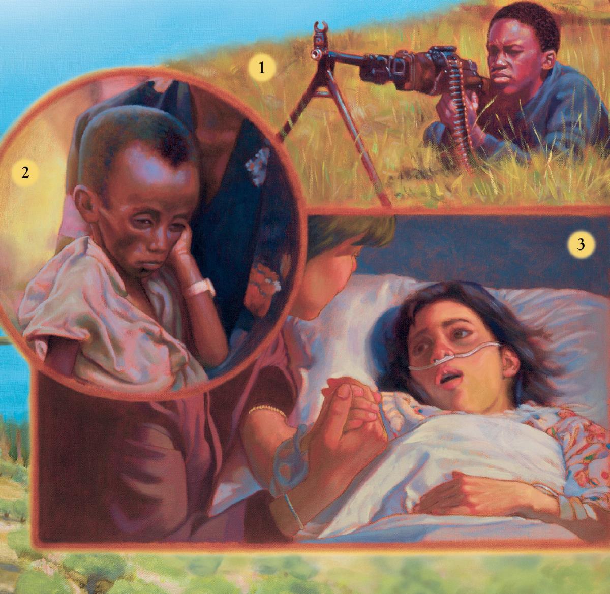 Ọmọkùnrin kan ń jagun, ebi ń pa ọmọkùnrin kan, ọmọbìnrin kan sì wà lórí ibùsùn, ó ń ṣàìsàn