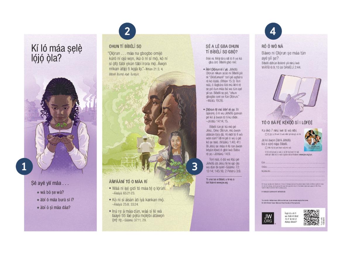 Ìwé àṣàrò kúkúrú náà, ‘Kí Ló Máa Ṣẹlẹ̀ Lọ́jọ́ Ọ̀la?’ A sì fi nọ́ńbà kìíní sí kẹrin tọ́ka sí àwọn apá tí ìwé náà ní.
