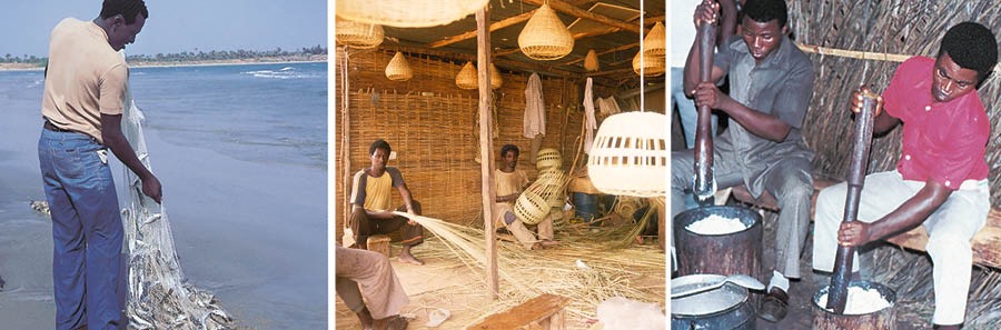 Obìnrin kan ń fọ ẹ̀fọ́; àwọn ọkùnrin kan ń hun apẹ̀rẹ̀; àwọn ọkùnrin àti obìnrin kan ń kọ́lé