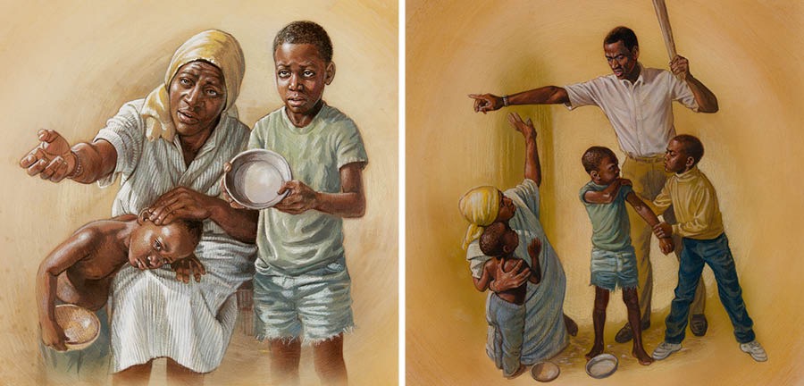 Opó kan àti àwọn ọmọ rẹ̀ ń tọrọ oúnjẹ jẹ; ọmọ kan ń wo bí bàbá rẹ̀ ṣe ń lu ìyá òun