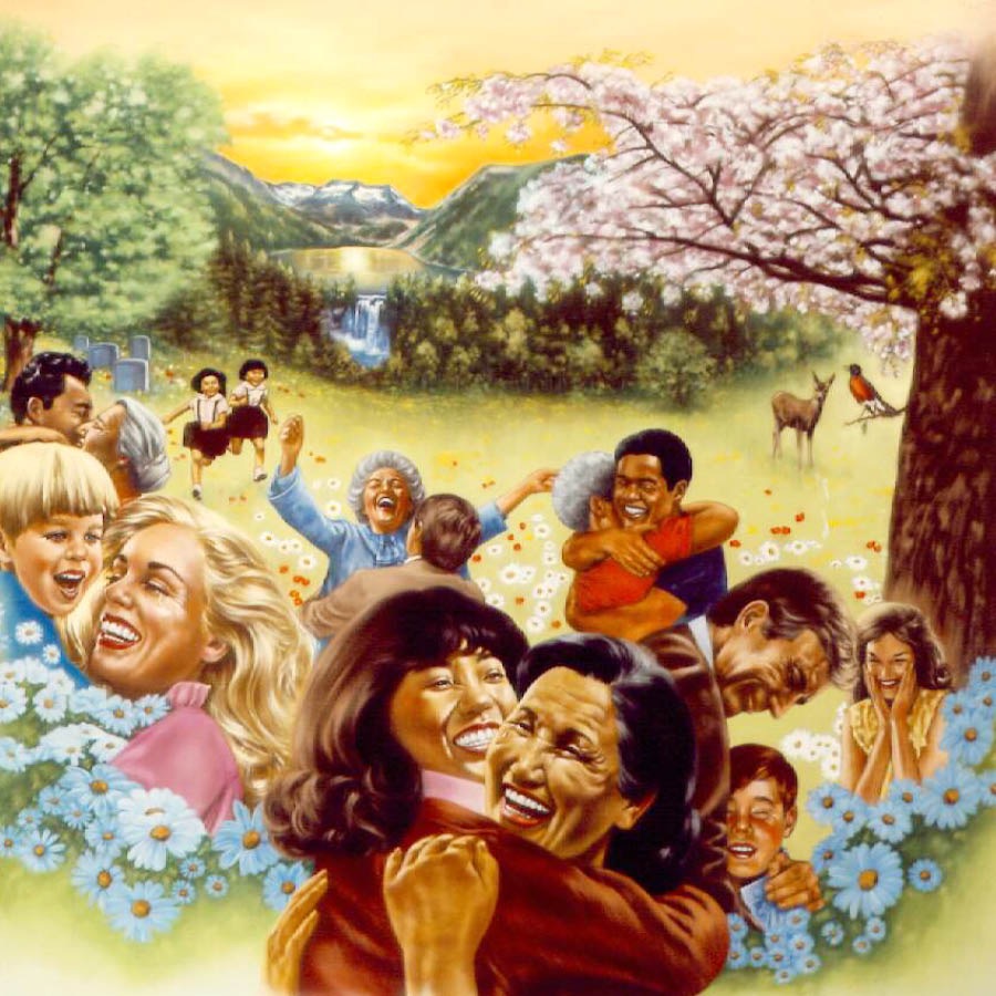 Àwọn èèyàn ń kí àwọn òkú tó jíǹde káàbọ̀ sínú párádísè ní ayé