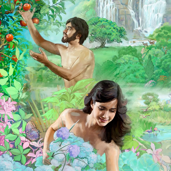 Ádámù àti Éfà, ara wọ́n dá ṣáṣá, wọ́n wà nínú ọgbà Édẹ́nì tó kún fún onírúurú èso