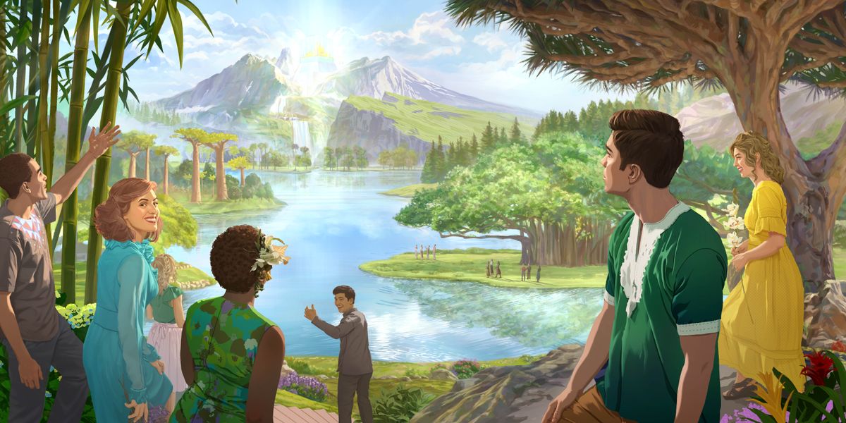 Àwọn èèyàn ń gbádùn ara wọn nínú Párádísè láyé. Látọ̀ọ́kán, odò kan ń ṣàn látinú ìlú tó ṣàpẹẹrẹ Jerúsálẹ́mù Tuntun. Àwọn igi tó gbẹ̀rẹ̀gẹ̀jigẹ̀ wà ní apá ọ̀tún àti apá òsì odò náà.