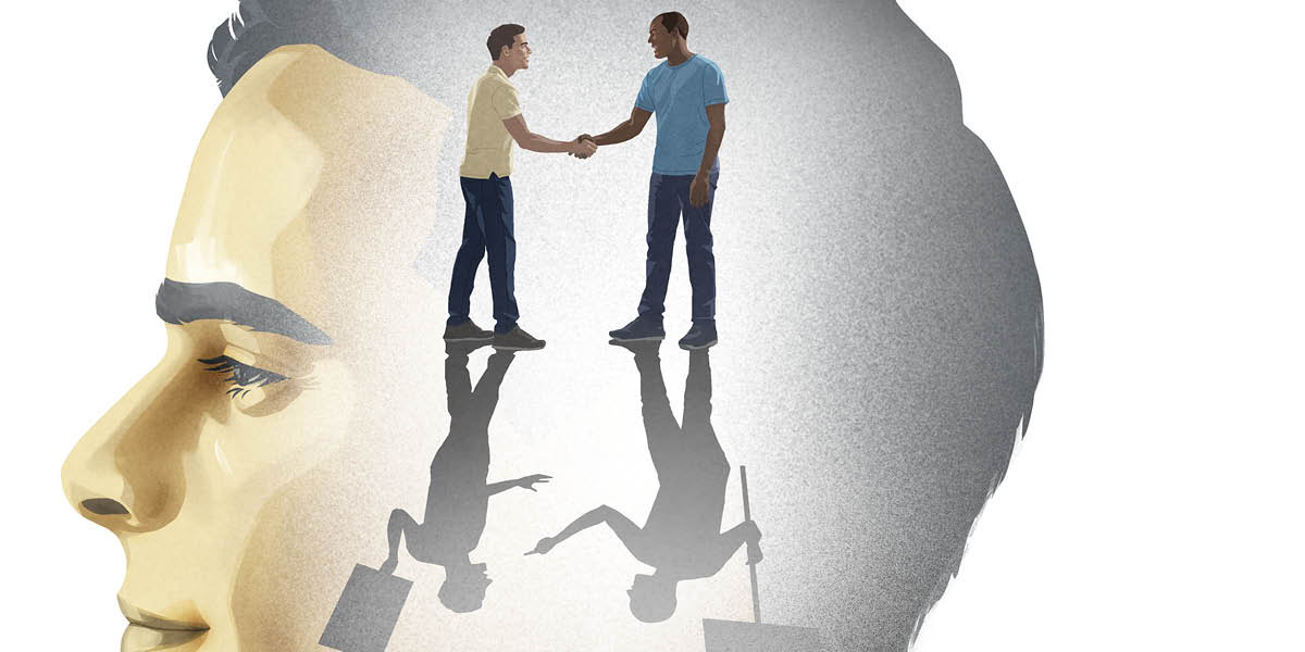Ọkùnrin kan ń fọkàn yàwòrán bó ṣe ń kí ọkùnrin míì tó wá látinú ẹ̀yà míì. Nínú òjìji àwọn méjèèjì, ọ̀kọ̀ọ̀kan wọn gbé pákó tí wọ́n fi ń fẹ̀hónú hàn dání, wọ́n sì ń bára wọn jiyàn.