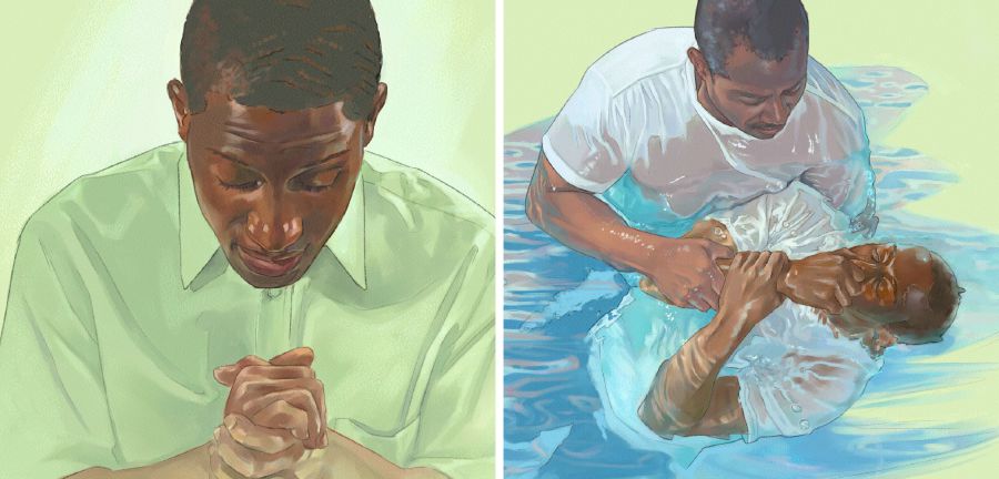 Um homem se dedica a Jeová em oração e mais tarde é batizado