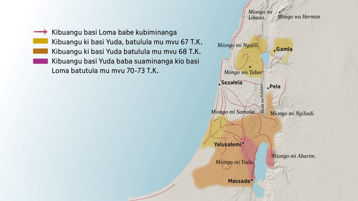 Mapa yimmonisa mavula ayi miongo miba mu Isaeli mu thangu bapostolo. Ku norte yi Yelusalemi miba, miongo mi Libano, Ngalili, Samalia, Ngileadi ayi mvandi miongo Hermom ayi miongo Tabor. Mavula ku khonzo norte yi Yelusalemi miba, Gamla, Sezaleia ayi Pela. Ku khonzo sude miba, miongo mi Yuda, Abarim ayi divula di Massada. Mapa yimmonisa mvandi kibuangu basi Loma babe kubiminanga ayi kibuangu ki basi Yuda, batulula mu mvu 67 T.K. nati 73 T.K.