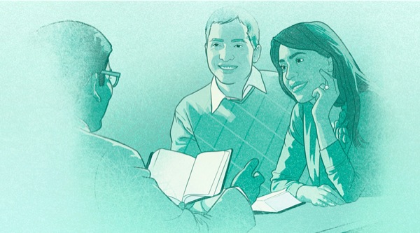 一对年轻夫妇喺基督徒长老嗰度获得建议：佢哋一齐睇圣经。