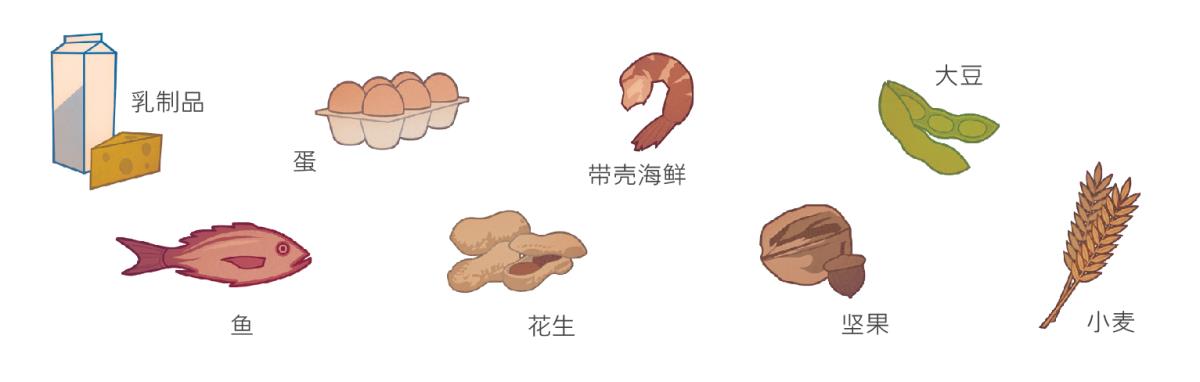 乳制品，蛋，带壳海鲜，大豆，鱼，花生，坚果，小麦