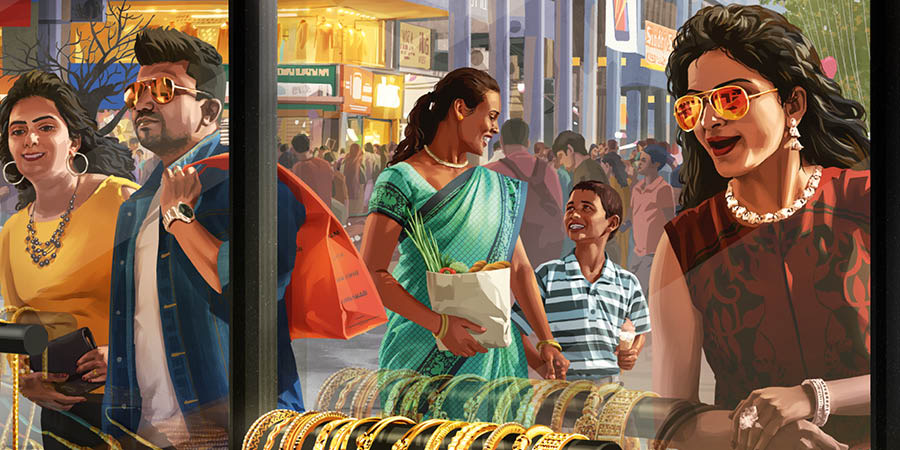 在印度，一位母亲和儿子走在繁忙的商业区，脸上带着满足的笑容，路人的目光却被各种各样的奢侈品吸引