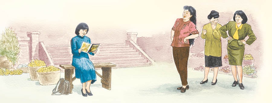 一个正在阅读圣经书刊的女子受人嘲笑