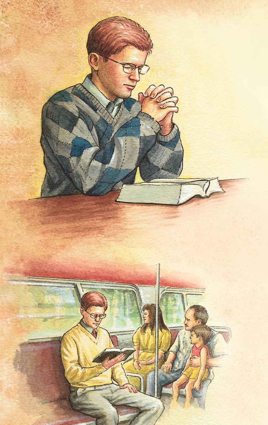 一个男子祷告、研读圣经