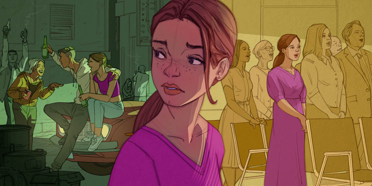 图片显示年轻姊妹的双重生活：1．姊妹跟同辈来往，当中有些人抽烟喝酒。有个男孩子搂着她的肩。2．同一个姊妹衣着端庄，在聚会所唱王国诗歌。