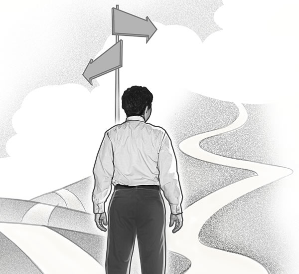 一个年轻人站在岔路口，正在想该走哪条路