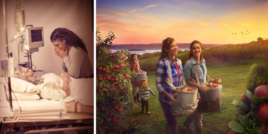 1. 一个年轻嘅基督徒姊妹喺佢啱啱去世嘅母亲旁边哀悼；2．呢个年轻嘅基督徒姊妹，同已经复活咗，又健康又年轻嘅妈妈一齐摘苹果