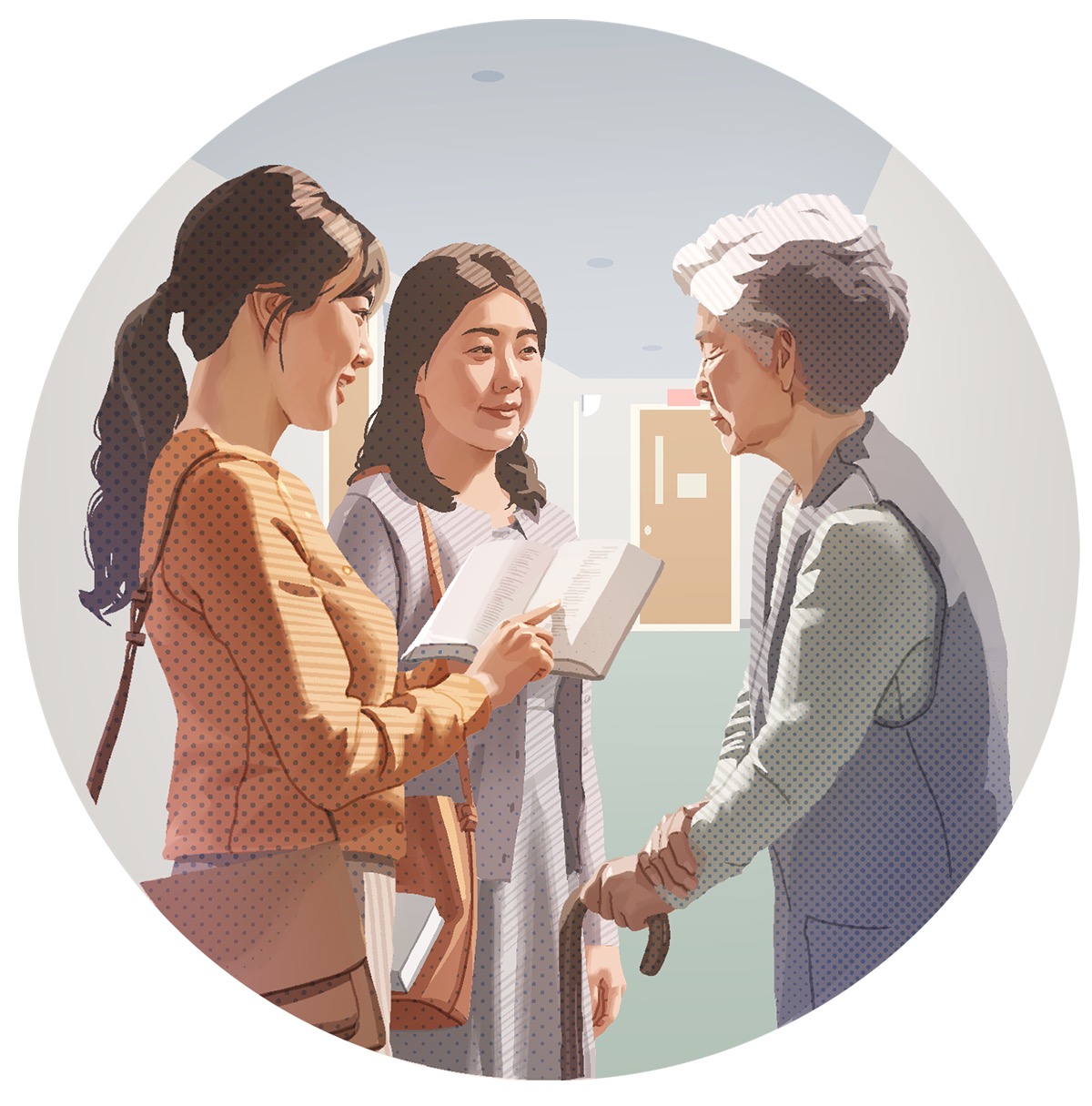 女孩向一个年长的女士传道。圣经老师在旁边陪着她。