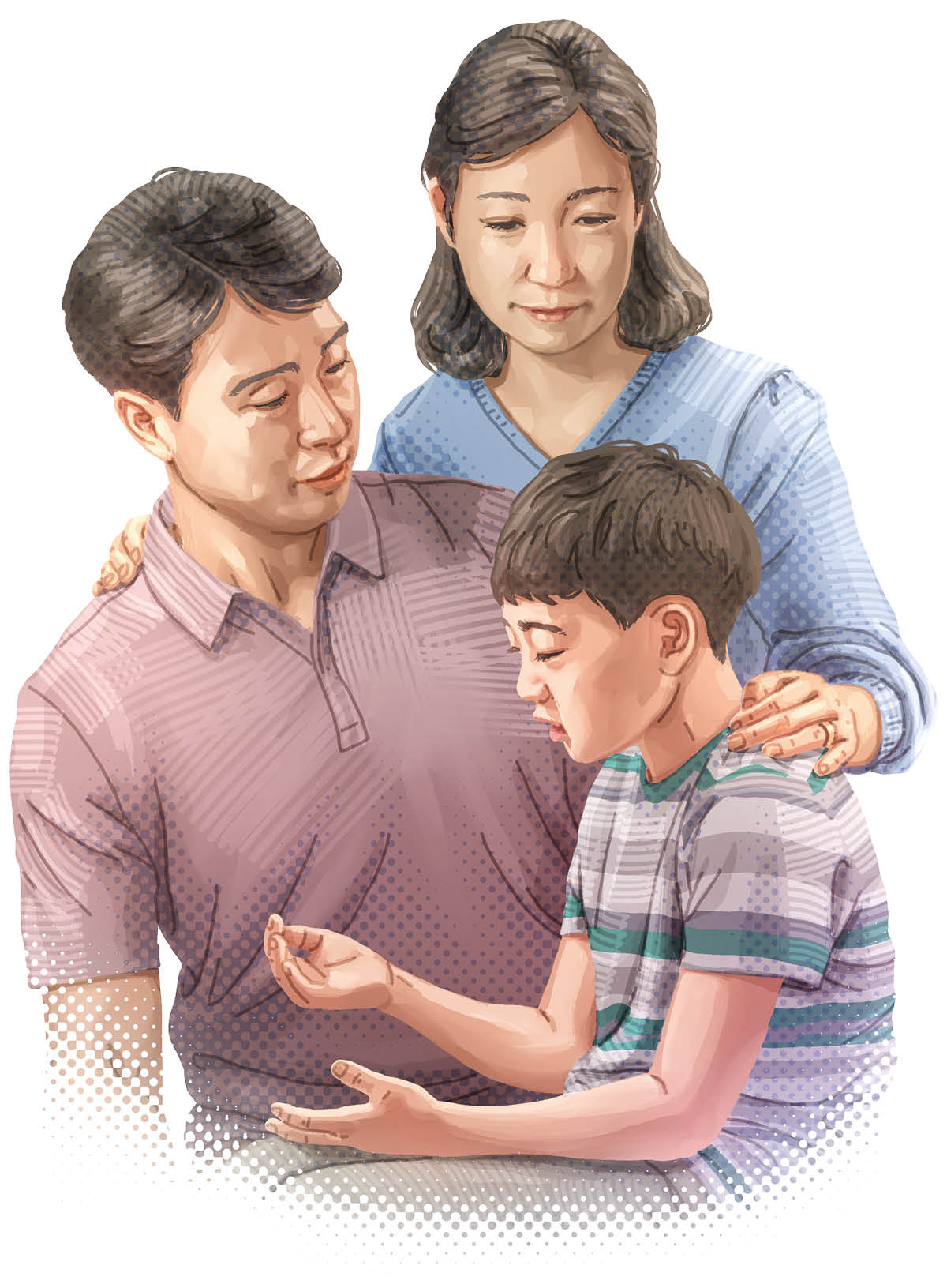 一个男孩跟他的父母说话