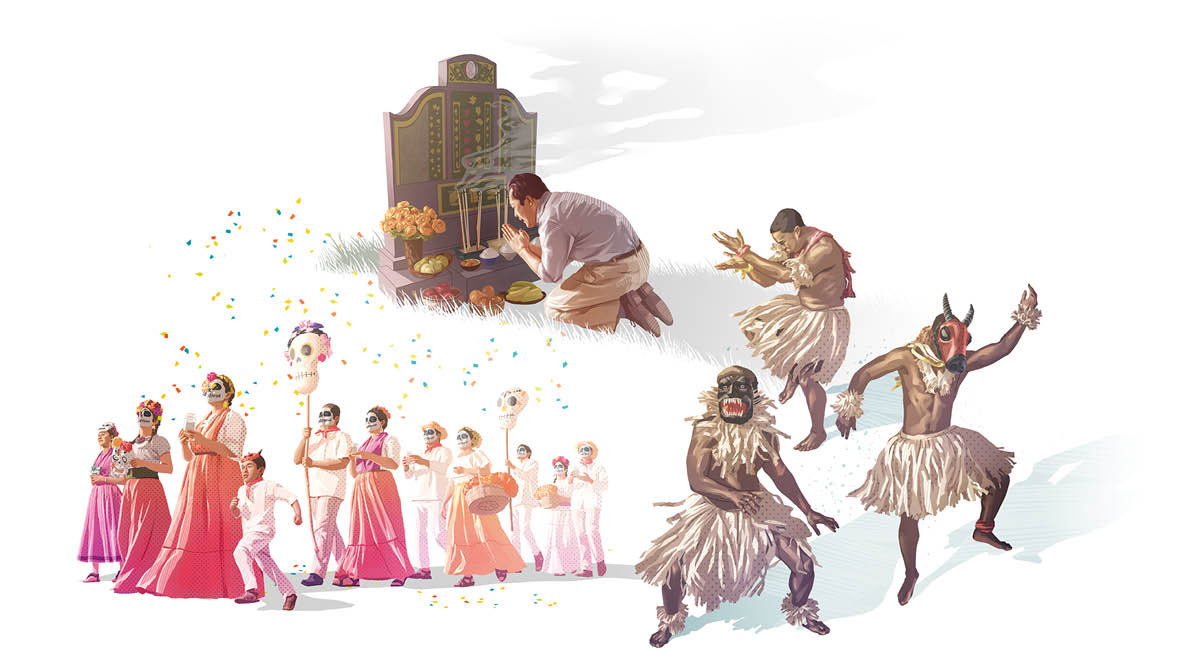 系列图片：跟祭奠死者有关的习俗。1．一个男子在坟墓前跪拜，坟墓前摆着供品。2．三个人穿着部落的传统服饰跳舞。3．一队人戴着骷髅面具，举着骷髅头像在亡灵节时游行。