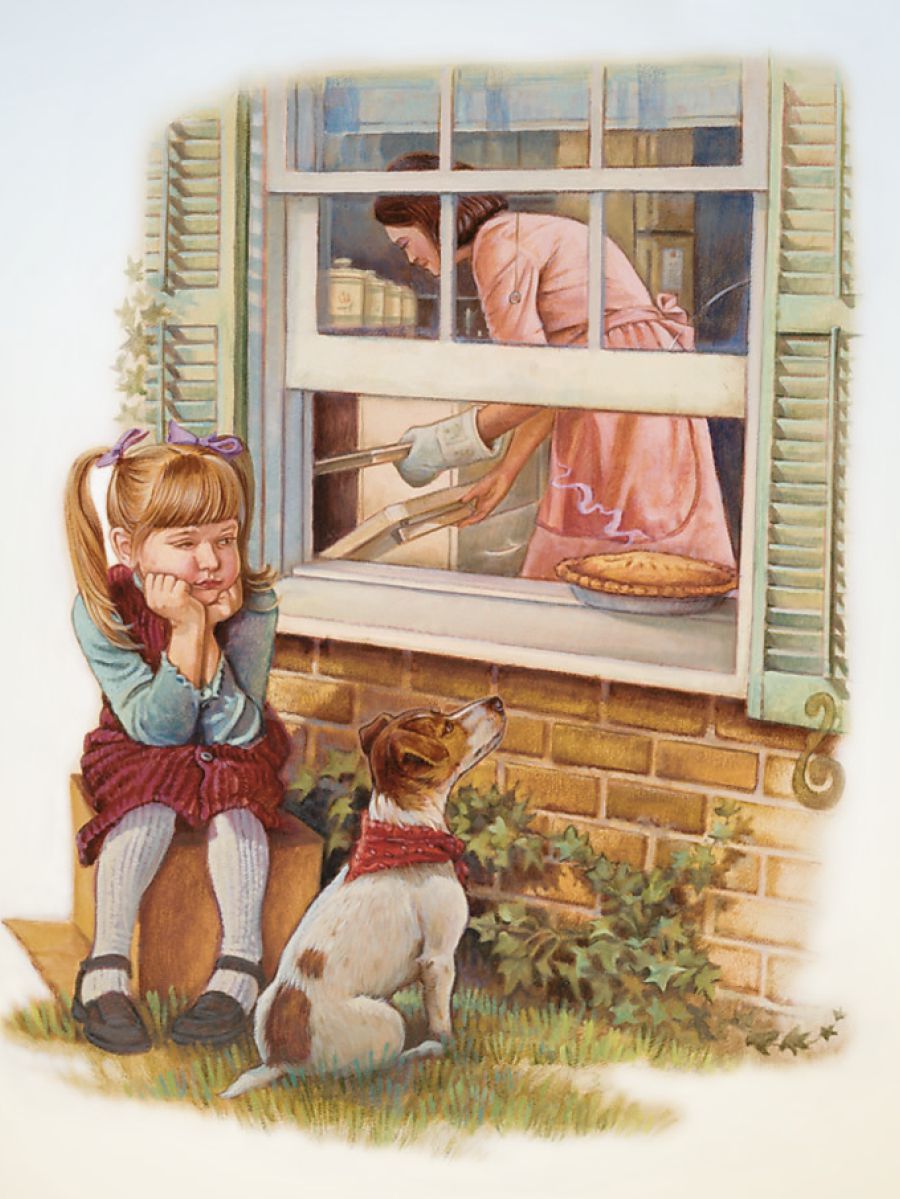 小女孩很想吃窗台上的派