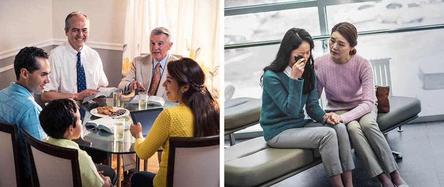 系列图片：耶和华见证人效法耶和华的品格。图一：两个长老探访一个家庭，用经文鼓励他们；图二：一个姊妹安慰正在伤心痛哭的姊妹