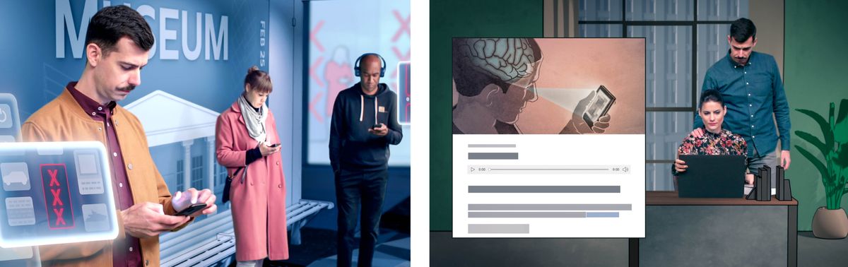 系列图片：短片《人观看色情资讯会令上帝不悦吗？》的画面。1．在公车站，两位男士和一位女士在玩手机。两位男士在手机上看到了不好的内容。2．后来，其中一位男士和妻子看jw.org网站上的文章：〈圣经谴责人观看色情资讯吗？〉。