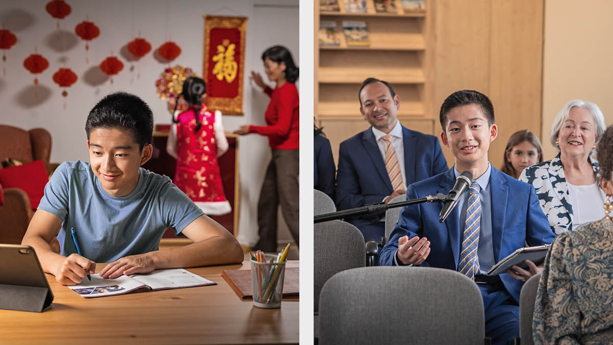 系列图片：1．一个年轻弟兄的家人不是耶和华见证人，他们在为节日做准备时，弟兄在研读圣经出版物。2．这个年轻弟兄在会众聚会时参与讨论。