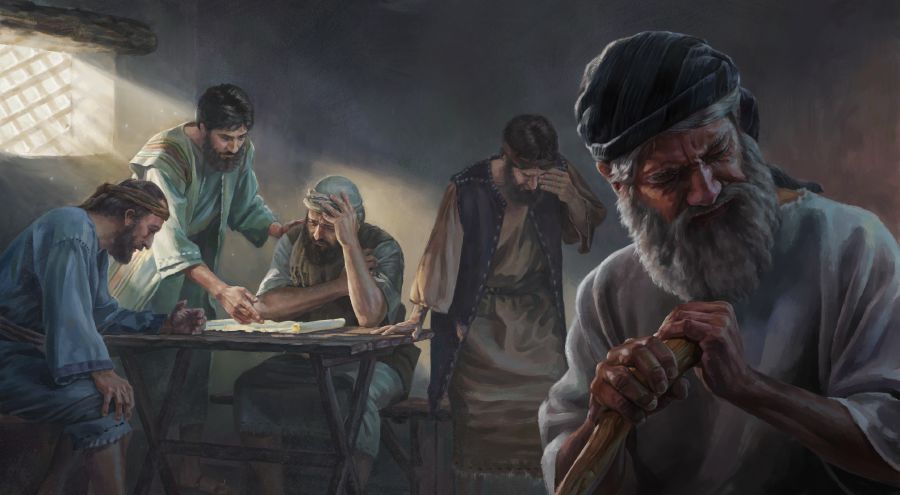 被流放的犹太人正在了解以西结在异象中看见的那座圣殿的设计和大小，诚心正意的人都感到羞愧