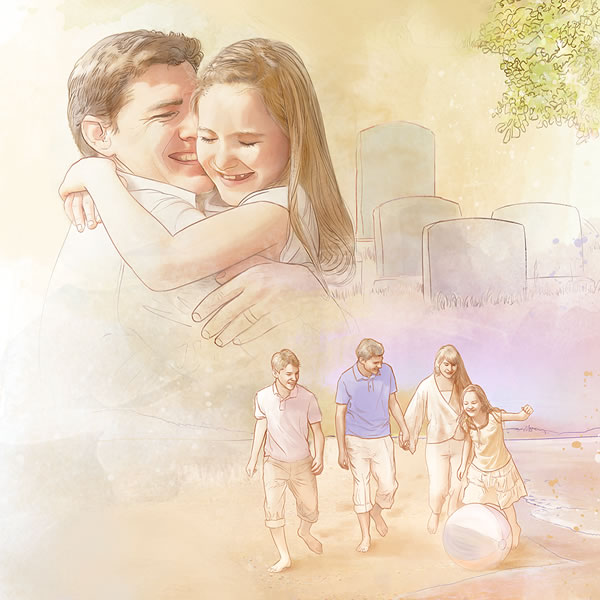 1．爸爸拥抱复活的女儿；2．一家人在海边玩