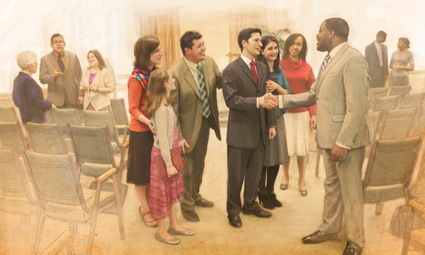 会众的弟兄姊妹祝贺一个刚受委任的长老