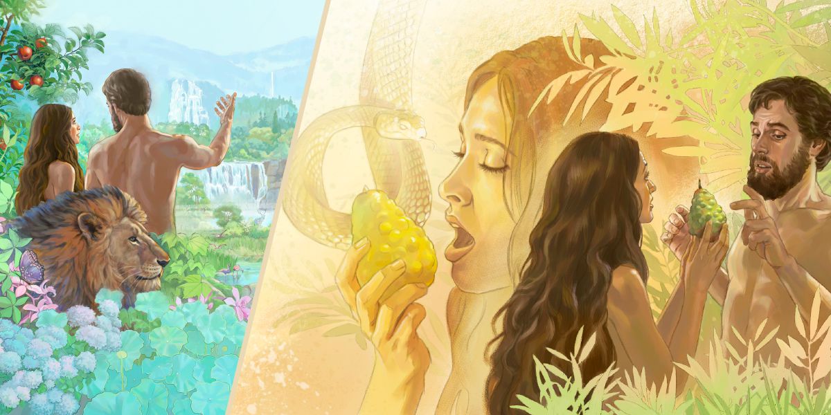 亚当和夏娃在伊甸园，蛇欺骗夏娃使她吃了果子，夏娃还把果子给亚当吃