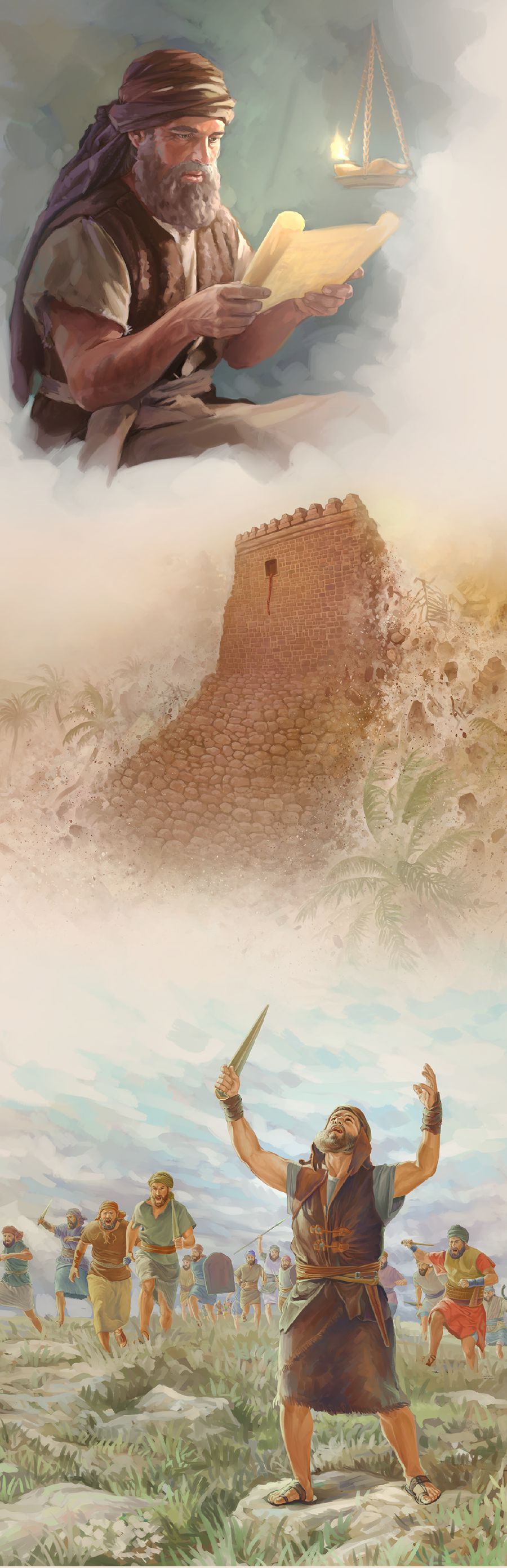 约书亚研读律法；耶利哥城墙倒塌，而喇合间屋就冇倒塌；约书亚举高双手向天祷告