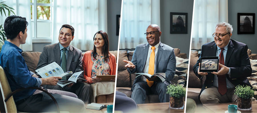 这个弟兄邀请不同的人加入学习。图1：弟兄的妻子。图2：另一个弟兄，他跟学生分享自己的心得。图3：一个年长的弟兄，他给学生播放一部短片。