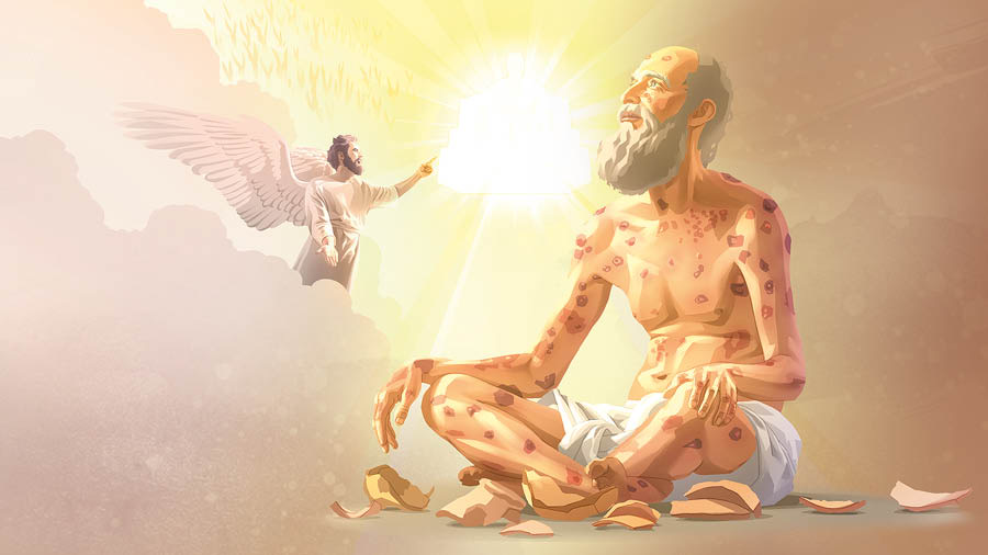 撒但在天上向耶和华指控约伯。约伯坐在地上，身上长满毒疮。