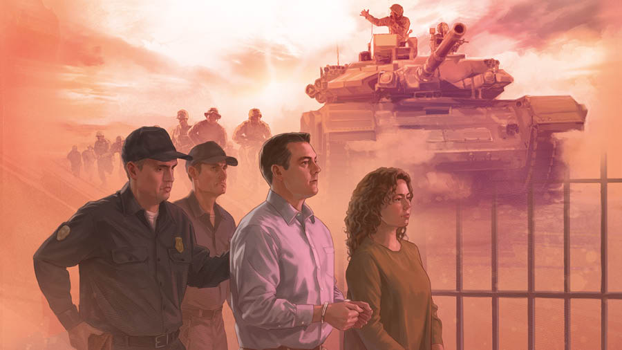 人们受压迫的例子。图1：一个士兵坐在前进的坦克上，其他士兵跟在后面。图2：警察押送一对耶和华见证人夫妻，这对夫妻戴着手铐。