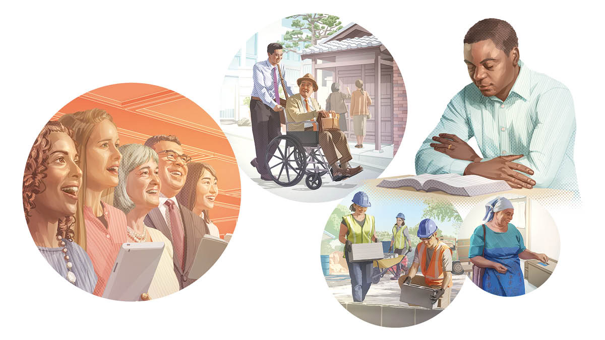 正确崇拜的不同方面。图1：一个弟兄和姊妹们在聚会时唱诗。图2：一个弟兄推着坐轮椅的年长弟兄一起传道。图3：一个弟兄在研读圣经前祷告。图4：一个姊妹把钱放进捐款箱里。图5：弟兄姊妹参与建筑工程。