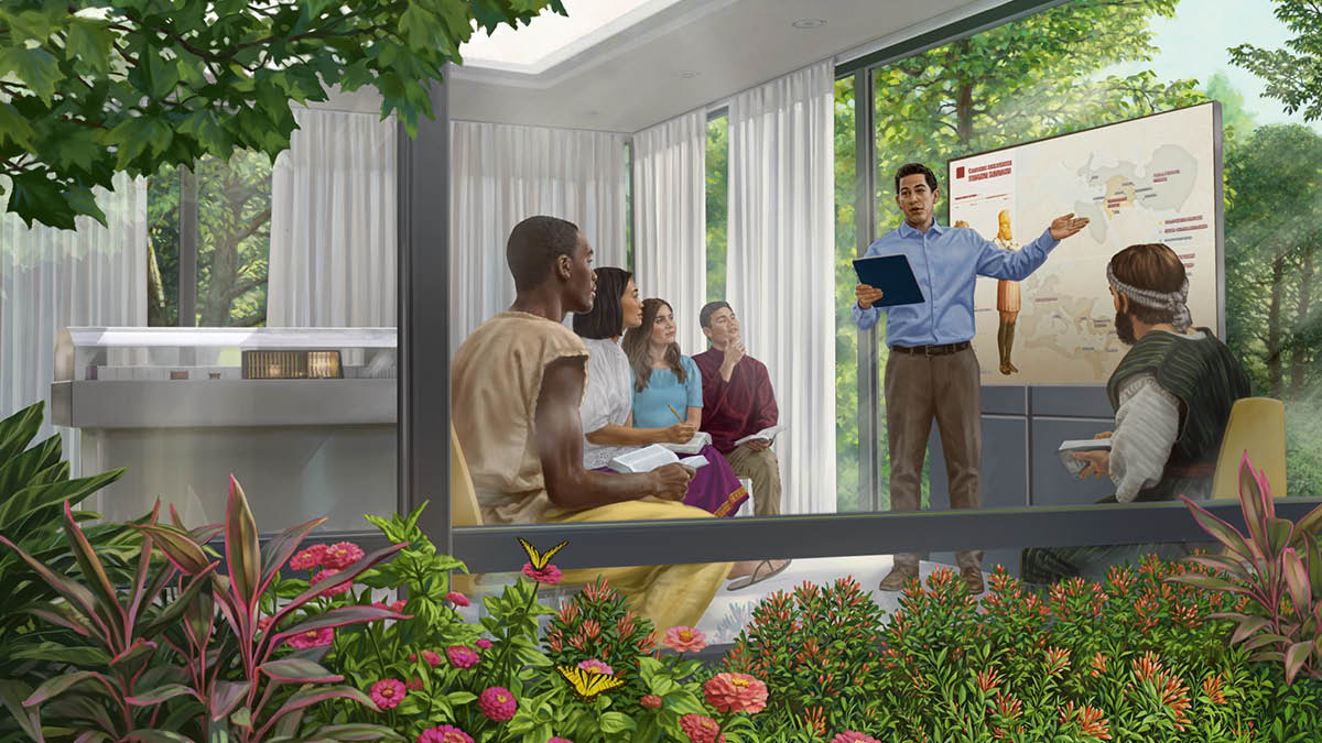 一个弟兄在乐园里教导复活的人，他用地图和图表解释但以理书第2章里尼布甲尼撒在梦中看见的巨像代表什么。