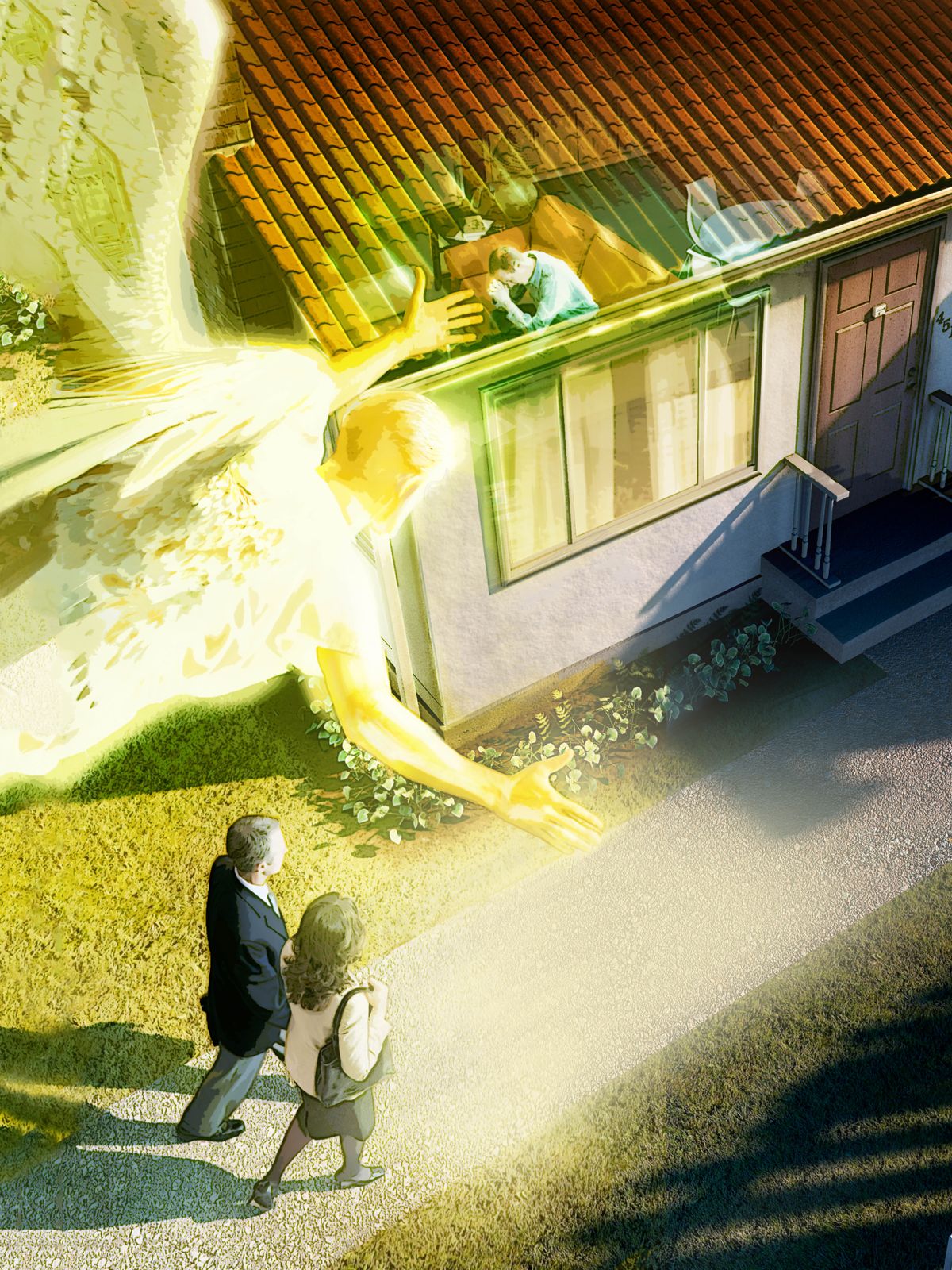 天使引导一对正在传道的夫妻到一所房子。房子里的男子正在祷告。