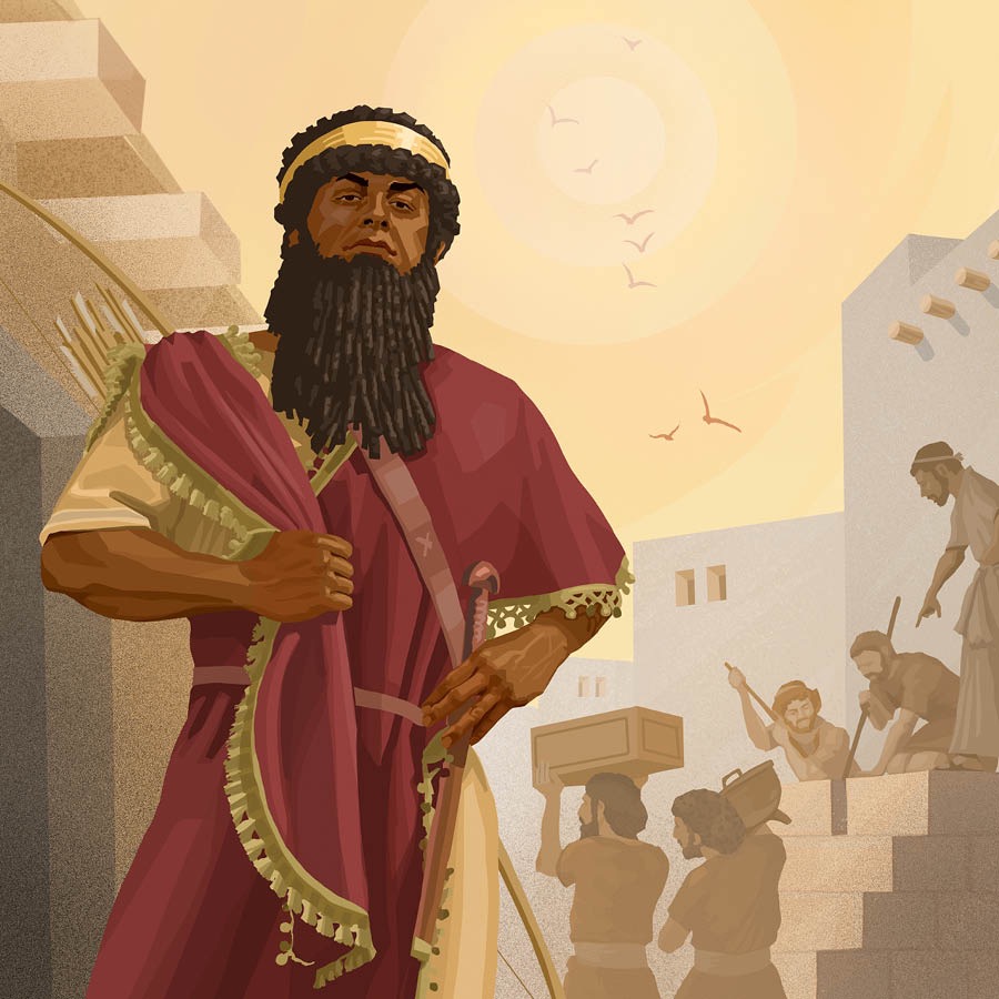 宁录站着，摆出一副傲慢的姿态，身后是一群在建城造塔的人