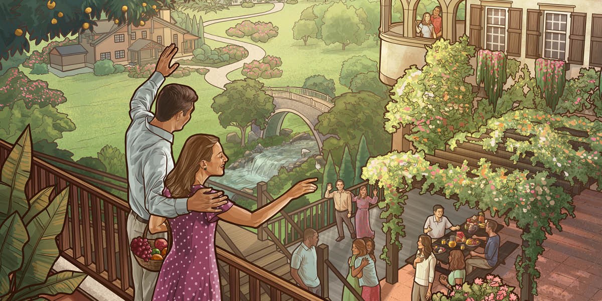 一對夫妻在樂園裏向朋友揮手