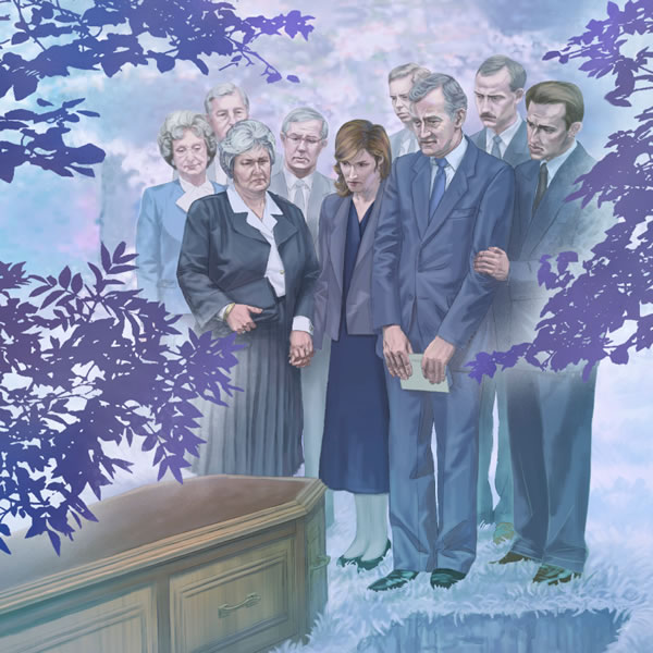 在墓地上，人們在一個棺材旁哀悼死者