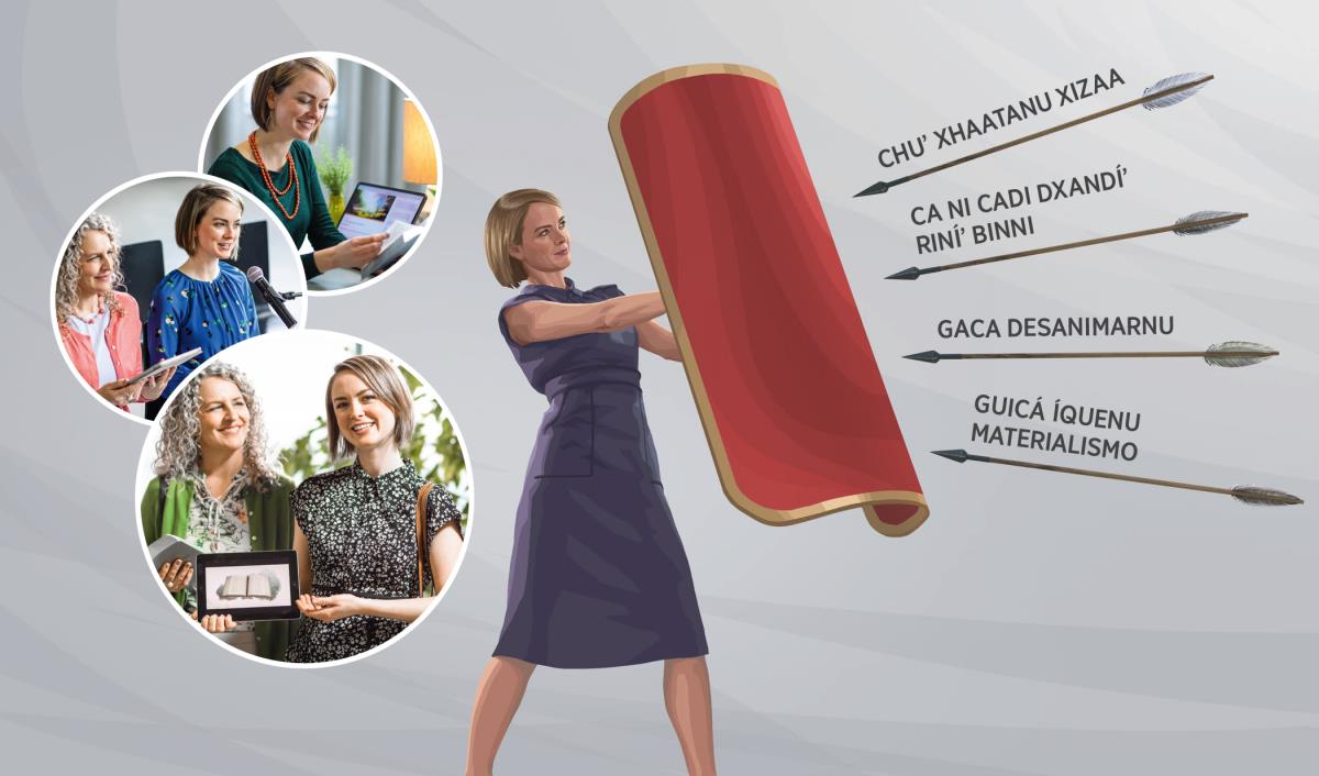 Cayuundaʼ ti hermana Biblia, cayuni comentar ra reunión, cayuni predicar ne naaze ti escudu naroʼbaʼ para cadi guicá ca flecha stiʼ Binidxabaʼ laa