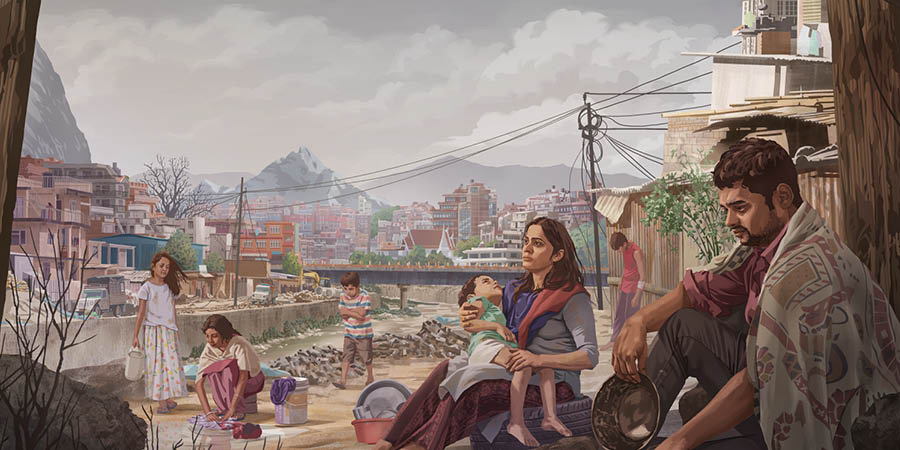 Poverty-stricken people struggling to survive with few basic necessities.