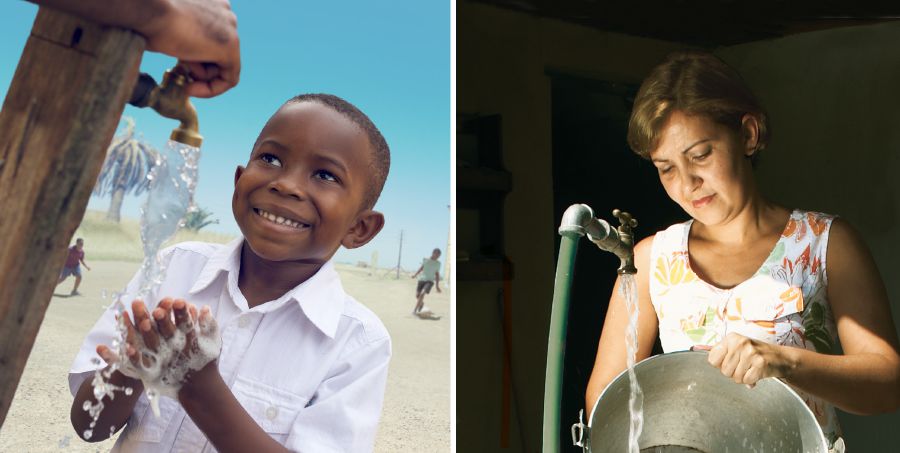 A boy washes his hands; a woman washes a pan