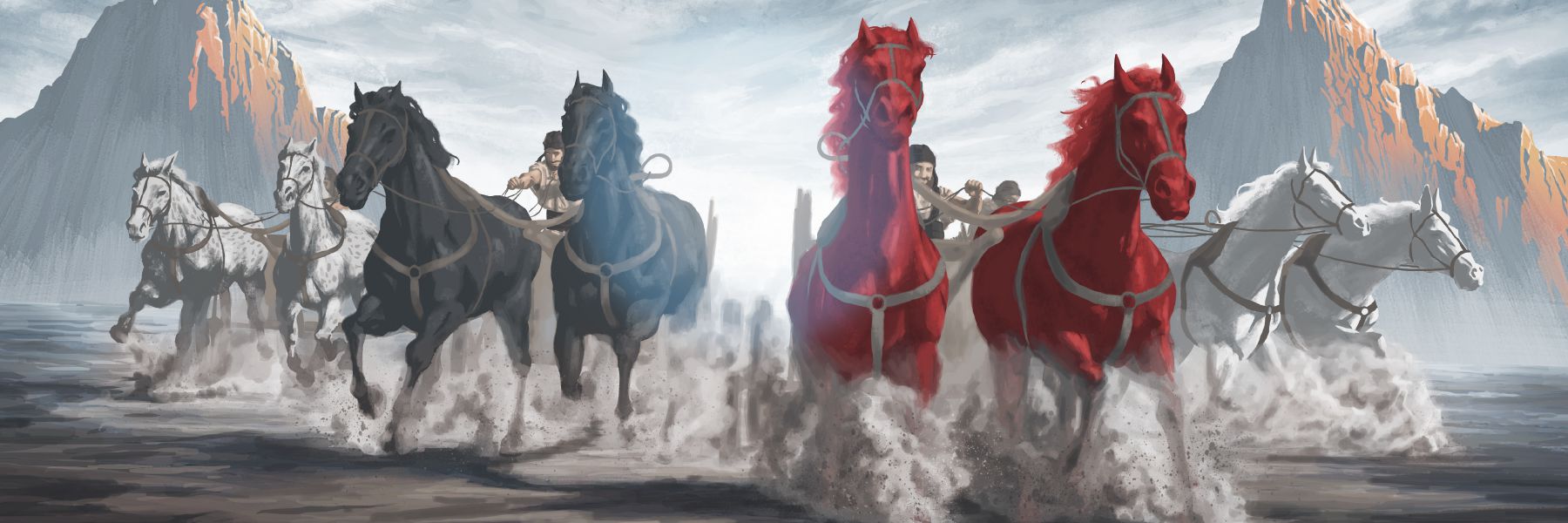 Horses of different colors pull chariots between two copper mountains
