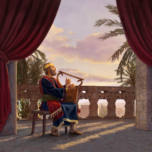 King David sitting on a balcony, playing the harp and singing.