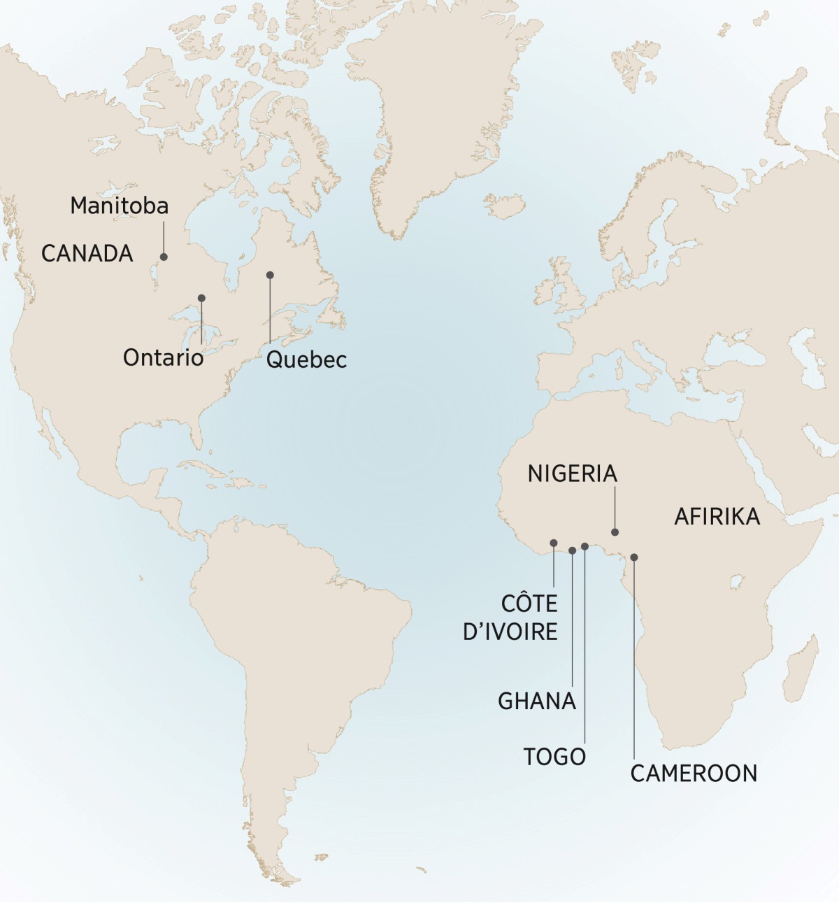 Gbakigbaki kpiarago nayugo bete agu aba André araki na ki mangisunge rogoho: Manitoba, Ontario, na Quebec, Kanada; Cameroon, Côte d’Ivoire, Ghana, Nigeria, na Togo, Afirika.