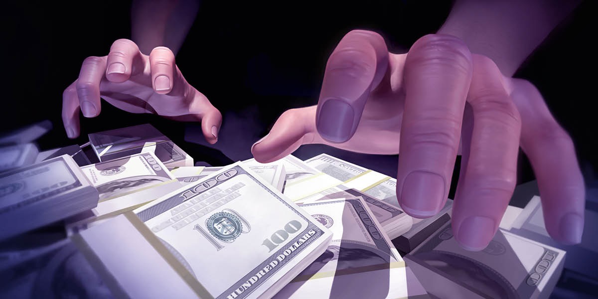 A man reaching for a large amount of money.