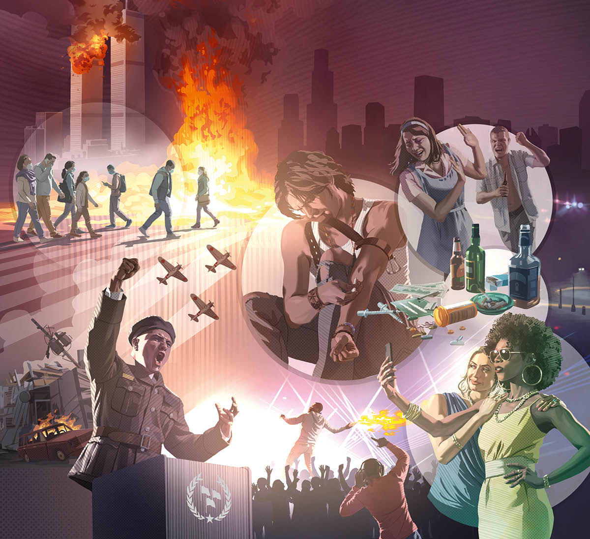 Collage: Scenes showing world conditions and attitudes in the last days. 1. A military leader at a podium shouts with his arms raised. 2. Buildings lie in ruins after an earthquake. 3. Military planes. 4. A crowd wearing masks walk outside. 5. The Twin Towers in New York are engulfed in flames after a terrorist attack. 6. A man uses drugs. 7. A husband raises his fist and yells at his wife. 8. Various drugs and alcoholic drinks. 9. Two women wearing fashionable clothes and jewelry take a selfie. 10. A disc jockey leads a crowd at a concert. 11. A rioter throws a Molotov cocktail.