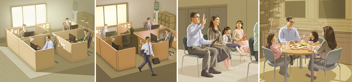 Collage: The same man making time for more important things. 1. He works in an office during the day. 2. He leaves work at the end of the day. 3. He raises his hand during a congregation meeting. 4. He eats supper with his wife and two children.